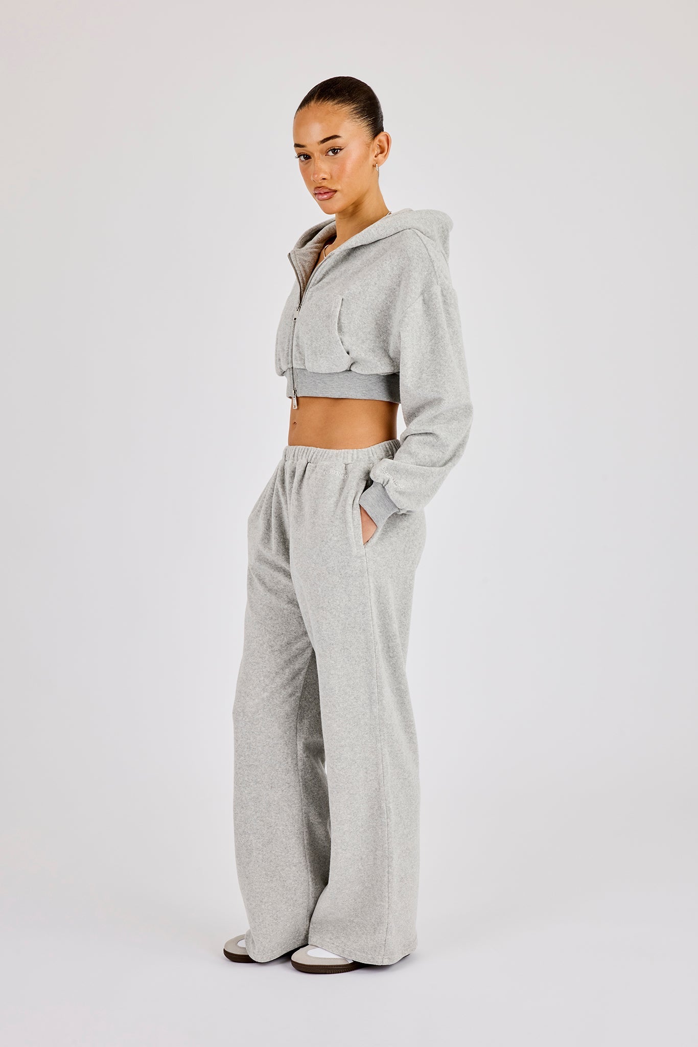 Towelling Cropped Zip Hoodie & Relaxed Jogger - Grey